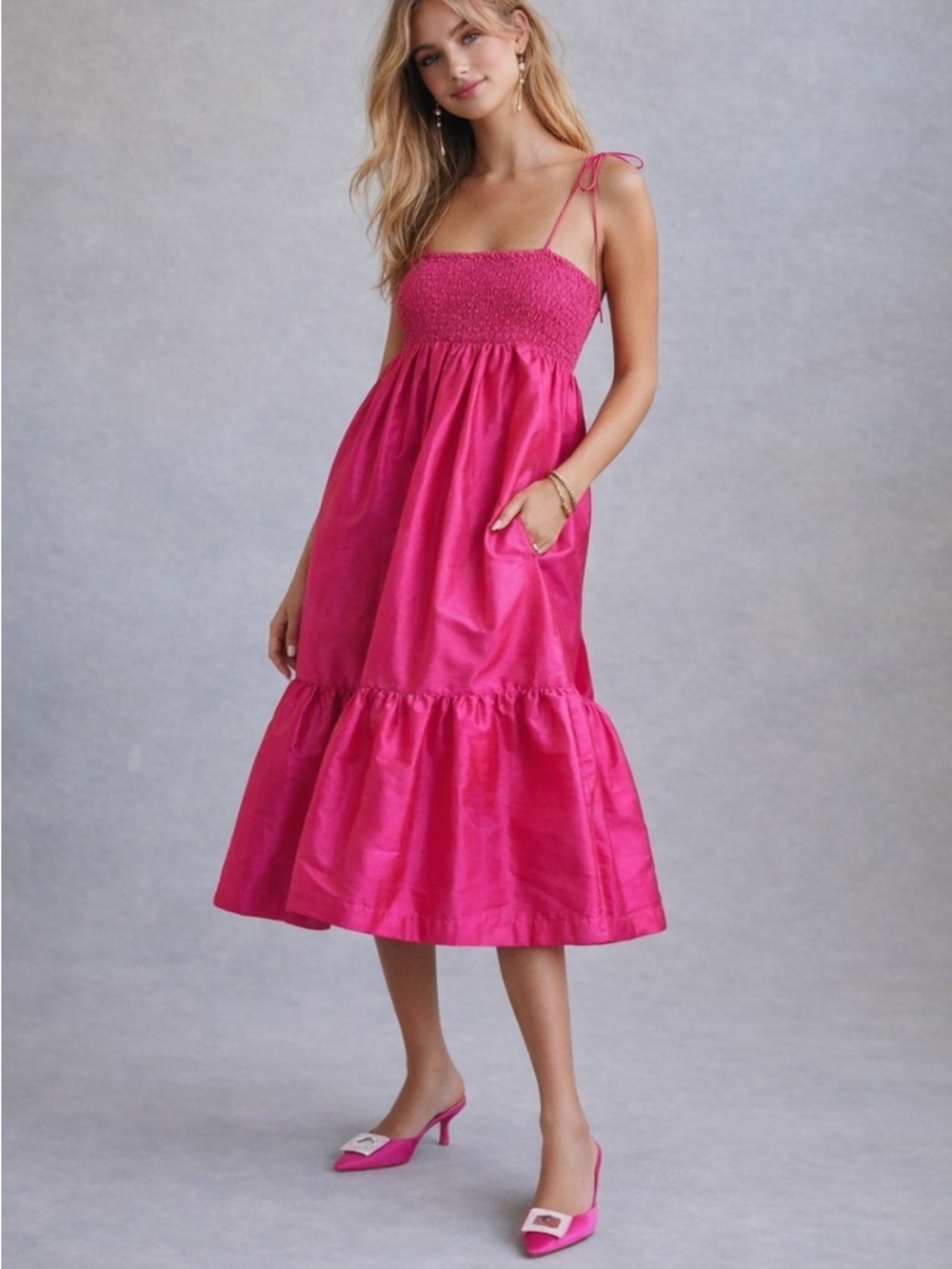 Anthropologie dhruv kapoor cerise pink smocked midi dress 38647